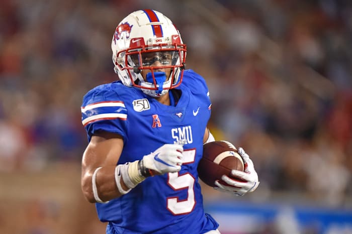 Oct 5, 2019; Dallas, TX, USA; SMU running back Xavier Jones (5) scores a touchdown and ties the game during the fourth against Tulsa at Gerald J. Ford Stadium. Mandatory Credit: Timothy Flores-USA TODAY Sports